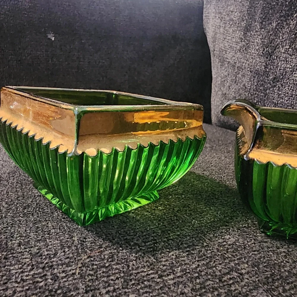 EAPG New York Emerald‎ Green Creamer And Sugar Dish